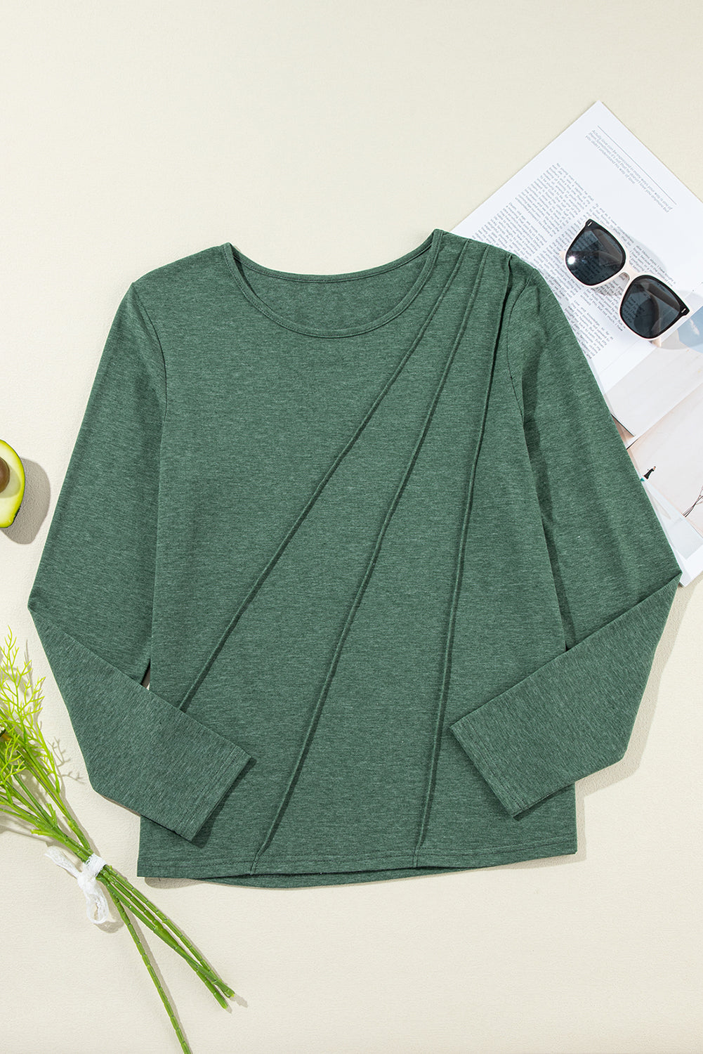 Asymmetric Seam Detail Solid Color Long Sleeve Top
