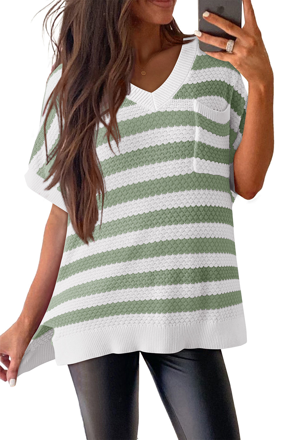 V Neck Short Sleeve Sweater with Side Slits