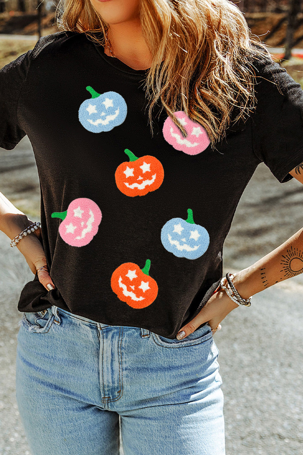 Chenille Pumpkin Patched Playful Halloween T Shirt