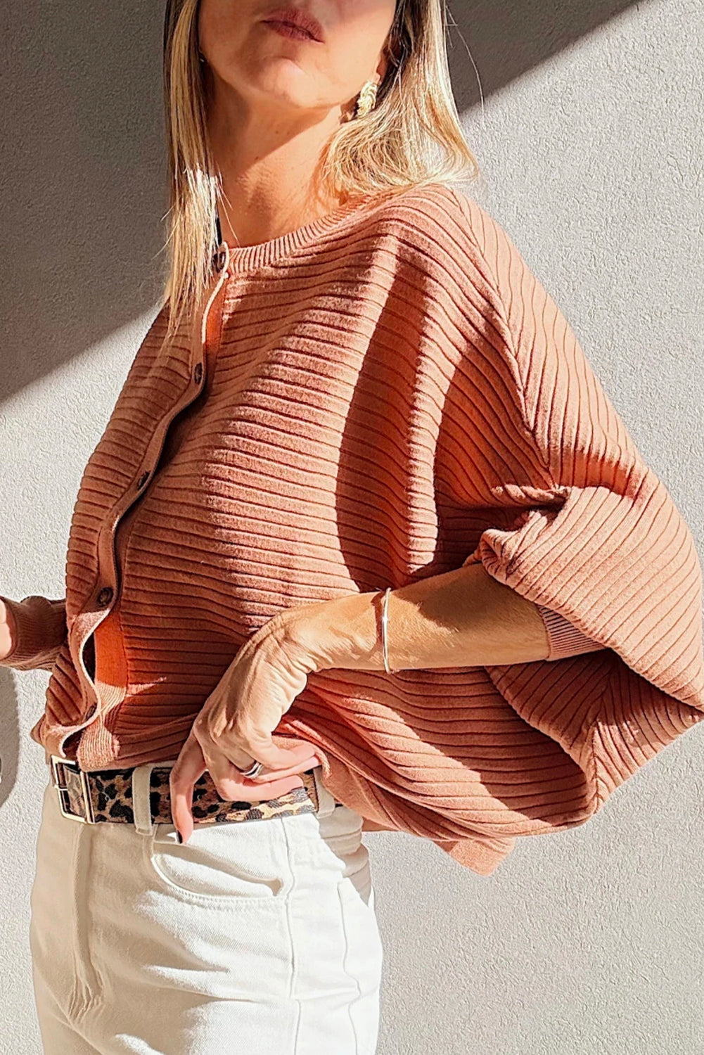 Wide Rib Knit Button Front Dolman Sleeve Sweater Cardigan