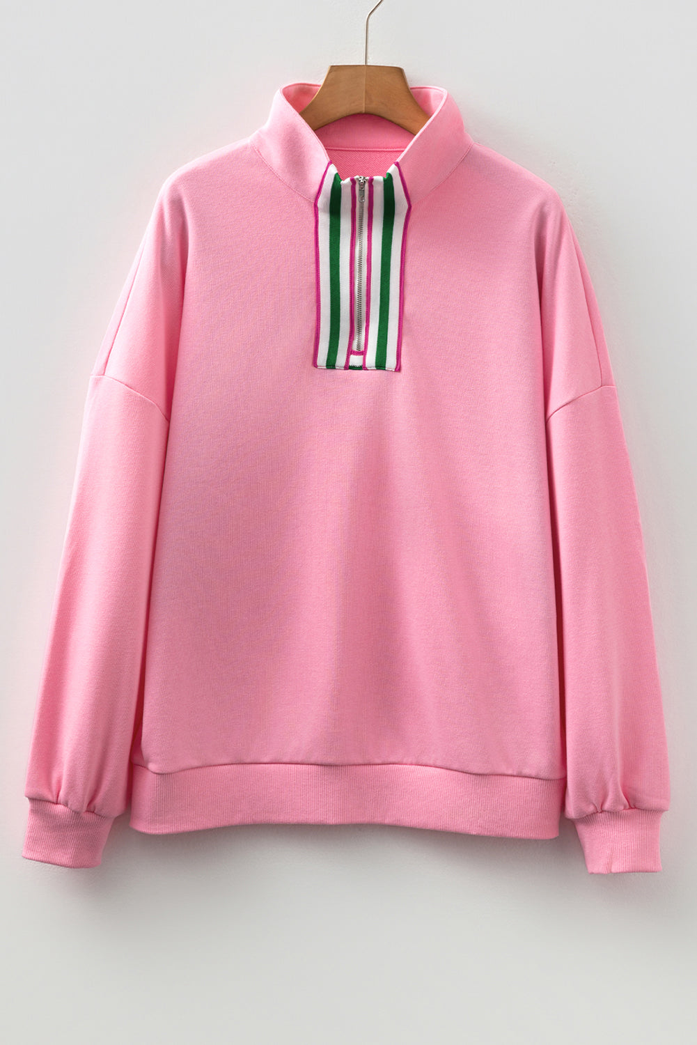 Striped Patchwork Zip Collar Pullover Sweatshirt