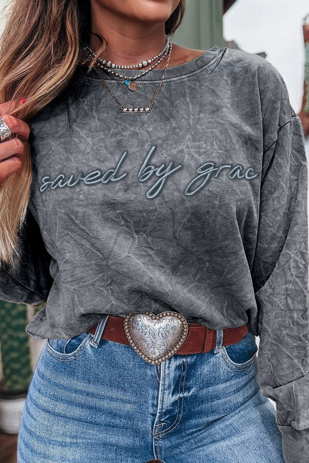 Letter Embroidery Mineral Wash Loose Sweatshirt