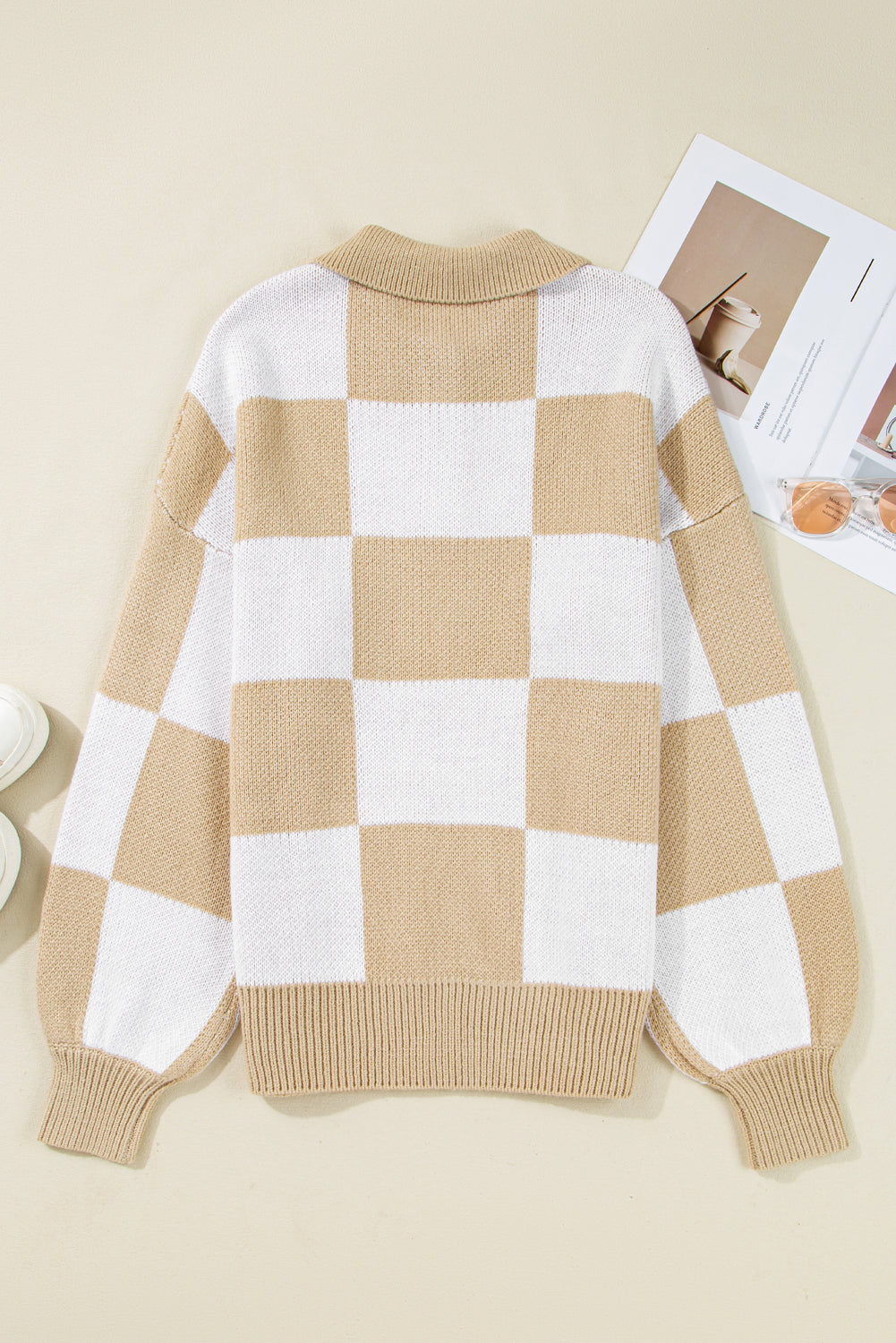 Checkered Pattern Polo Collar Loose Sweater