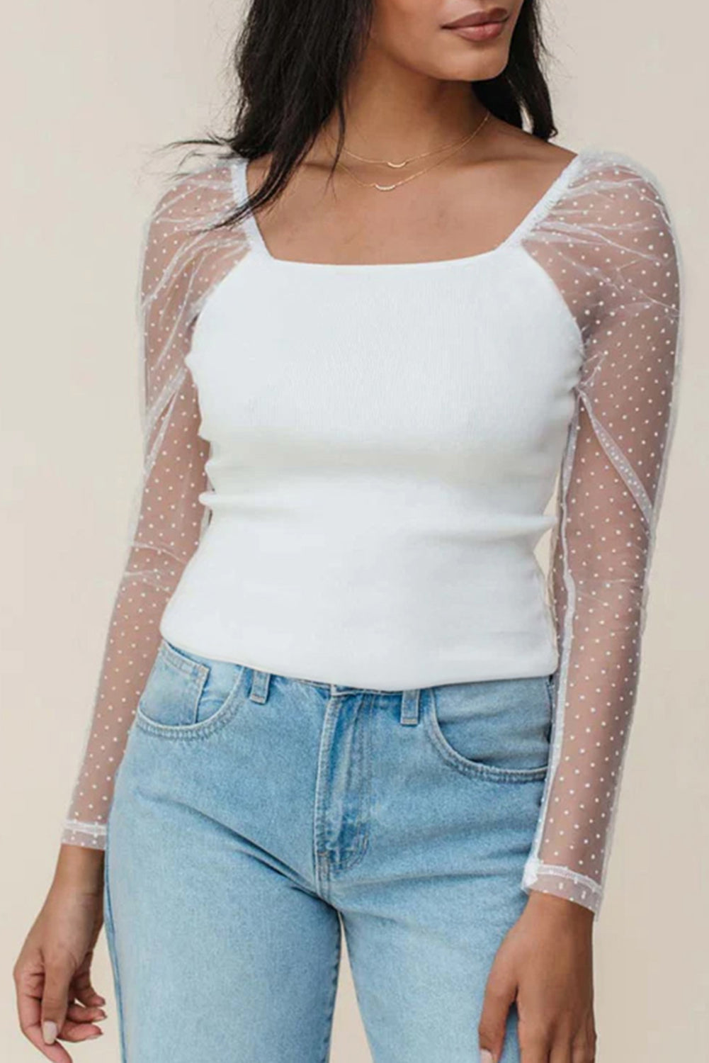 Swiss Dot Mesh Long Sleeve Square Neck Slim Top