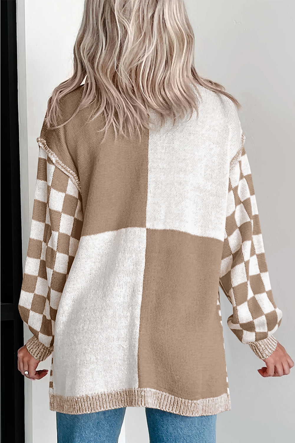 Checkered Open Front Drop Shoulder Cardigan