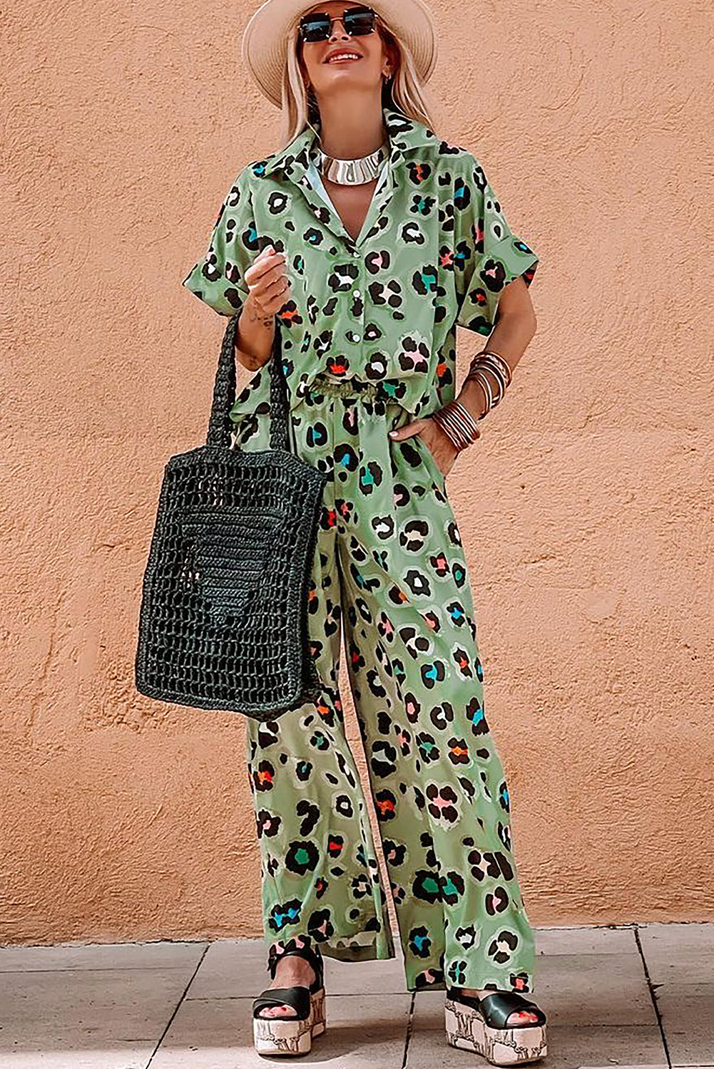 Leopard Print Shirt and Wide Leg Pants Set