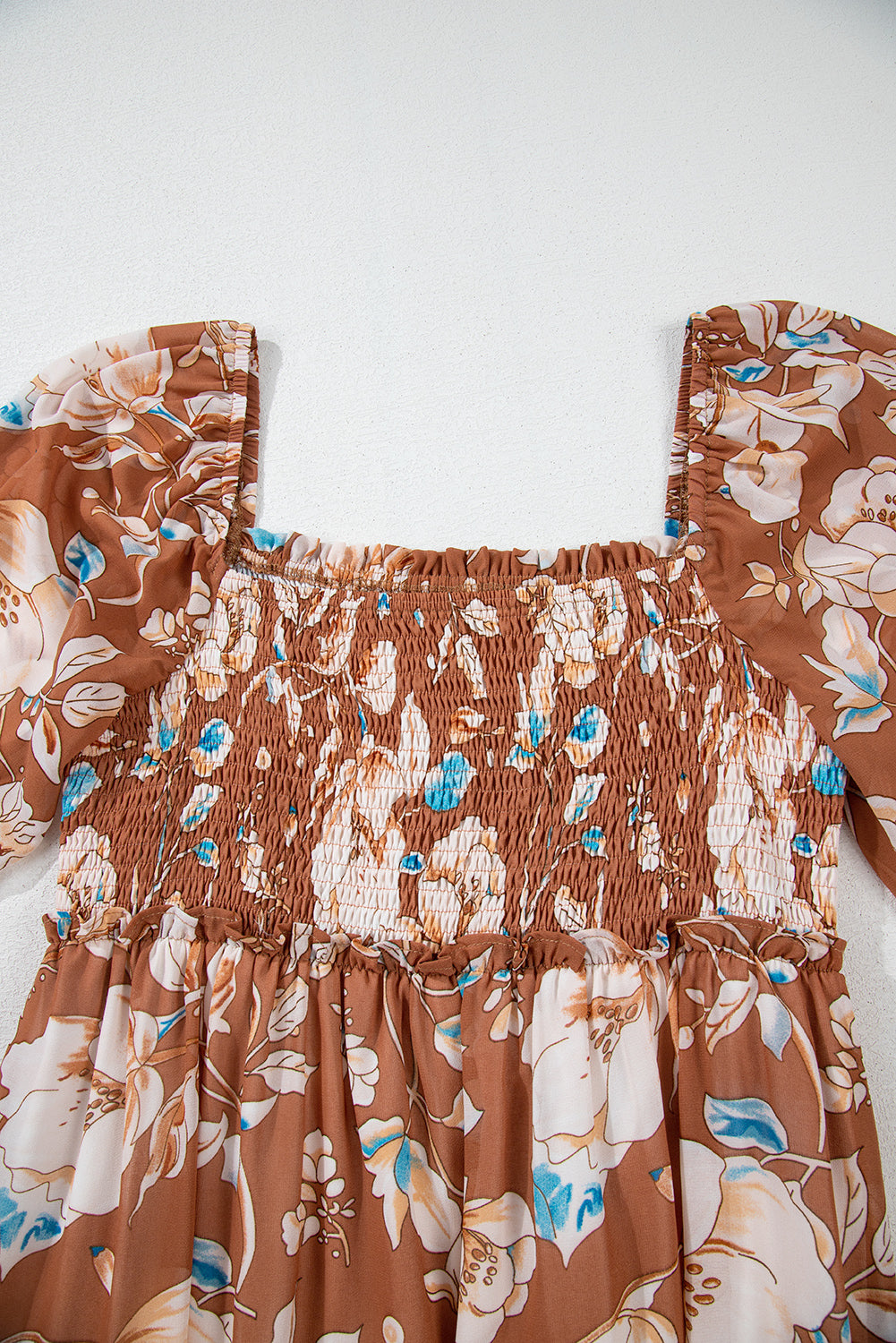 Floral Print Shirred Square Neck High Waist Maxi Dress