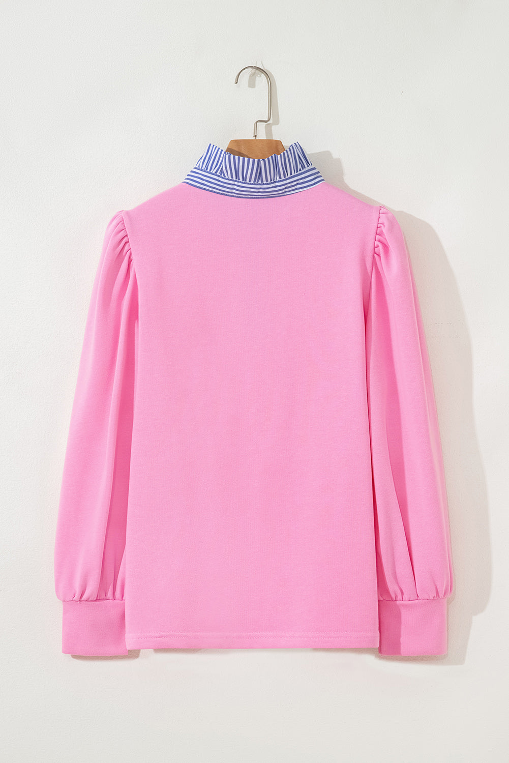 Button Striped Collar Patchwork Puff Sleeve Sweatshirt