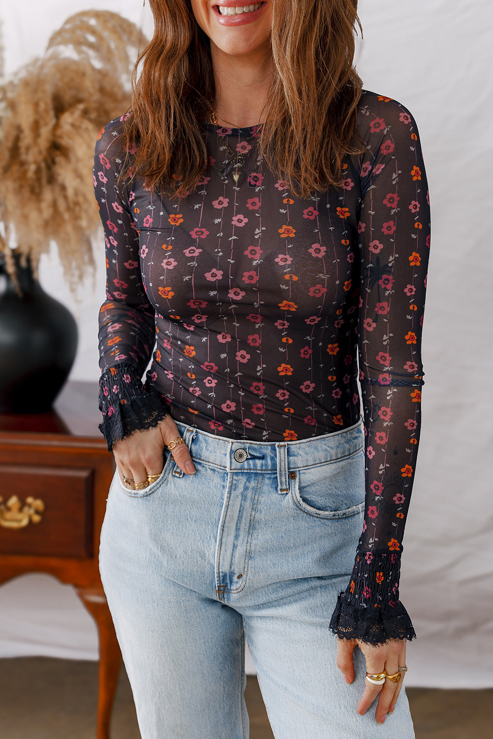 Floral Print Smocked Cuff Slim Fit Mesh Bodysuit