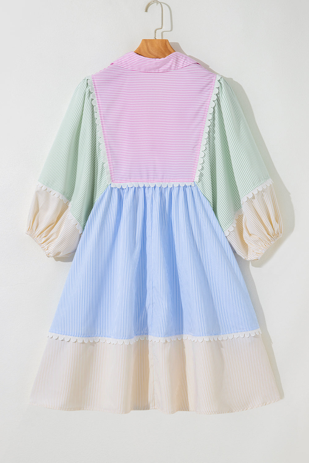 Striped Patchwork Ric Rac Puff Sleeve Collared Mini Dress