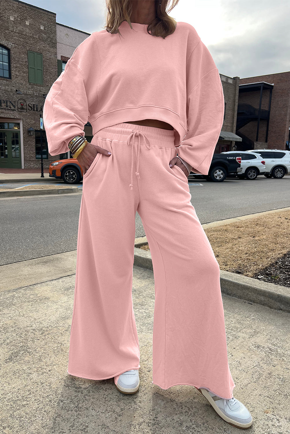 Drop Shoulder Puff Sleeve Crop Pullover Drawstring Wide Leg Pants Set
