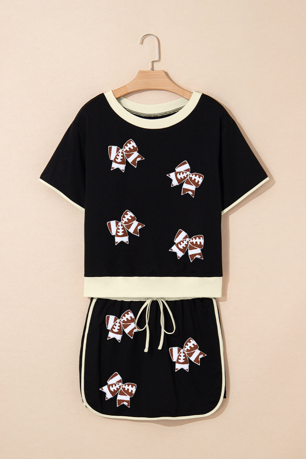 Sequin Rugby Football Bow Patched Colorblock Edge Tee and Skort Set