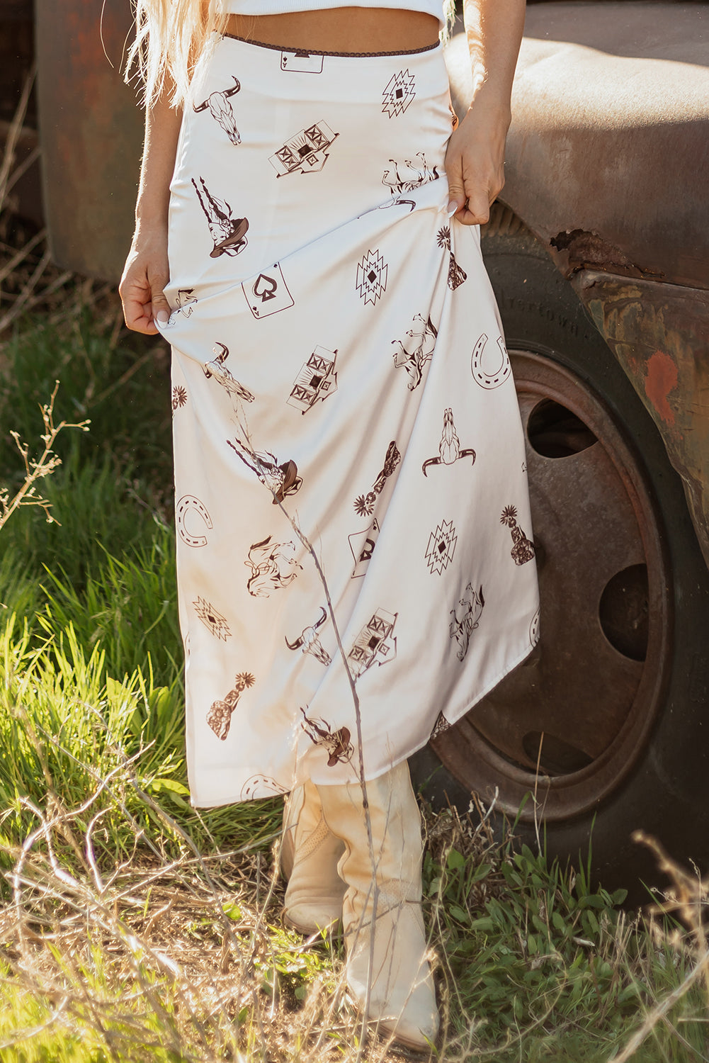 Western Print Satin Long Skirt