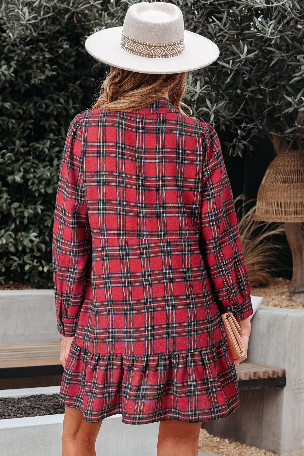 Plaid Shirt Collar Half Button Ruffle Hem Long Sleeve Mini Dress