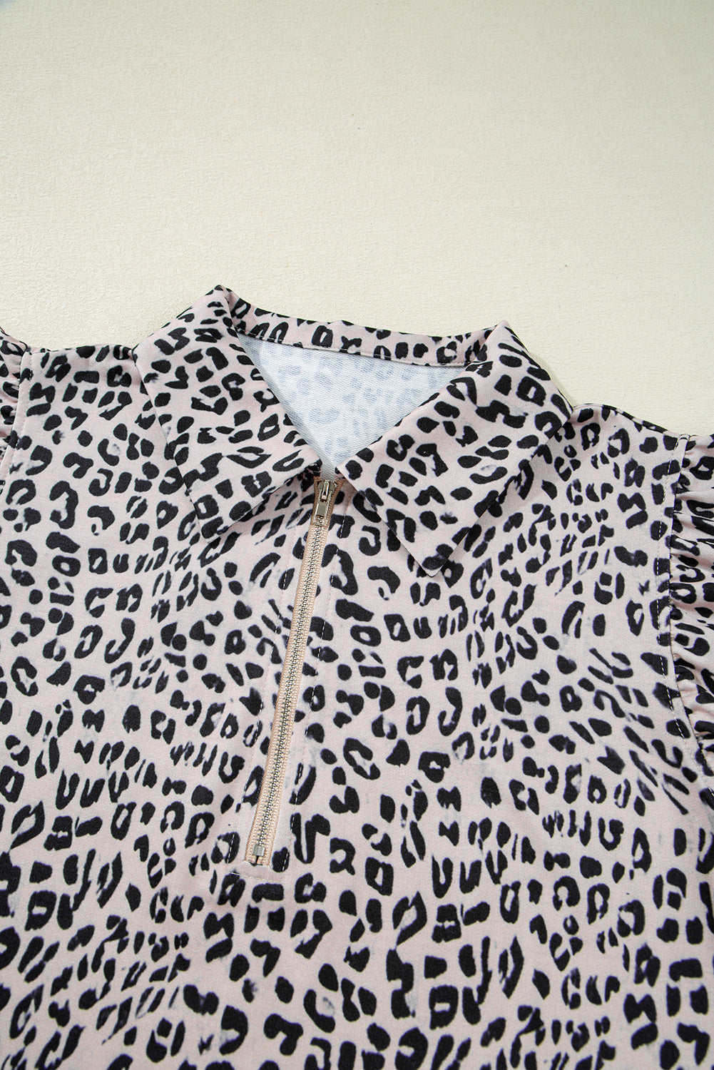 Leopard Half Zipper Collared Ruffled Sleeve Top and Short Set