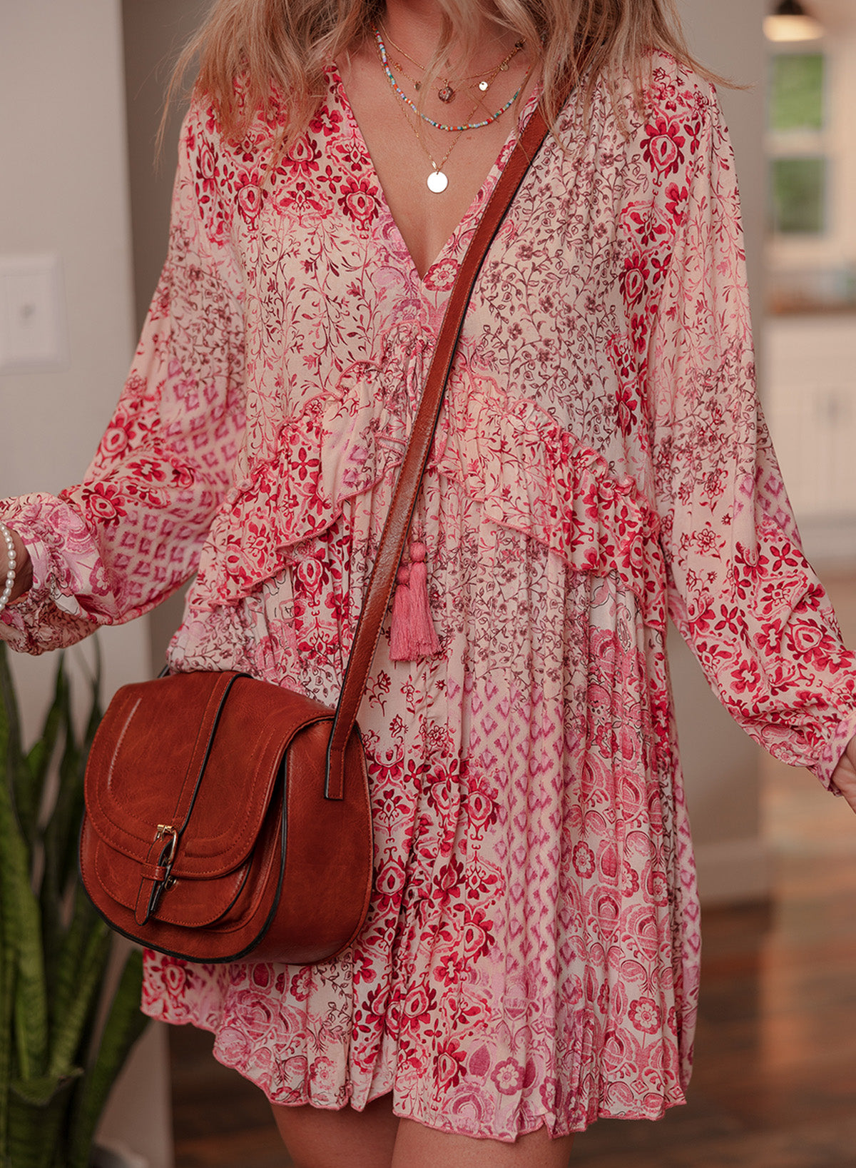 Bohemian Floral Print Tassel Tie Long Sleeve Flowy Mini Dress