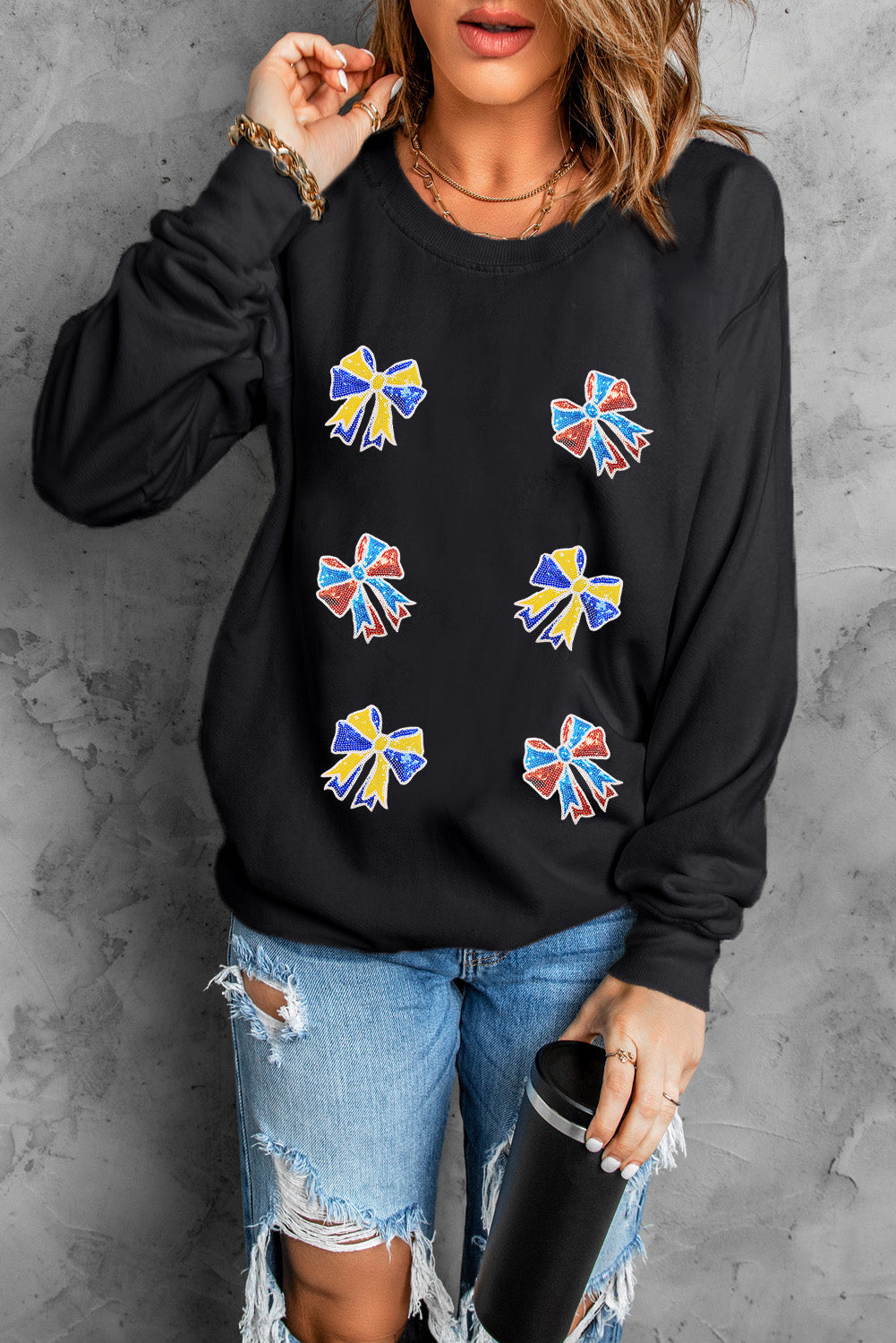 Shimmering Bow Patched Pattern Game Day Sweatshirt