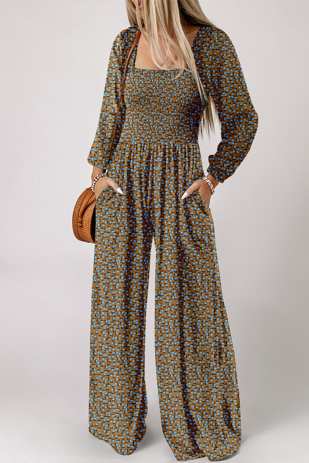 Floral Print Western Smocked Bodice Square Neck Wide Leg Jumpsuit