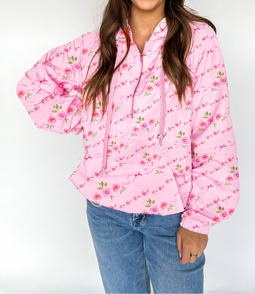 Floral Print Half Zip Kangaroo Pouch Drawstring Hoodie