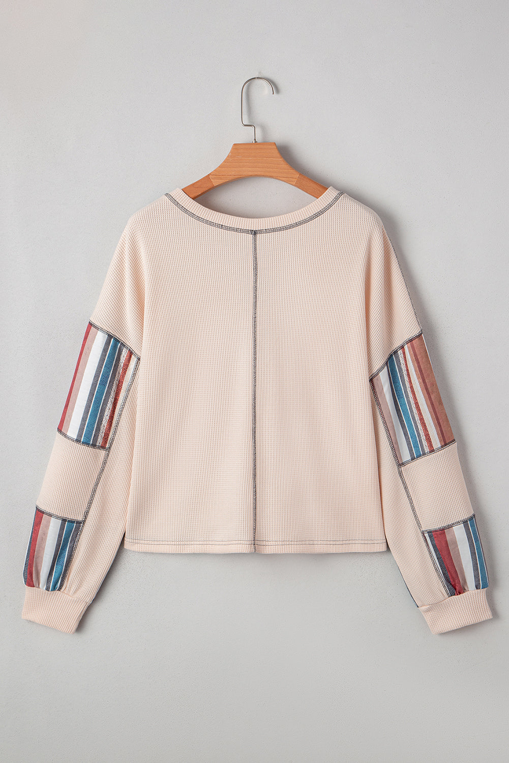 Striped Waffle Patchwork Exposed Seam Raw Edge Casual Knit Top