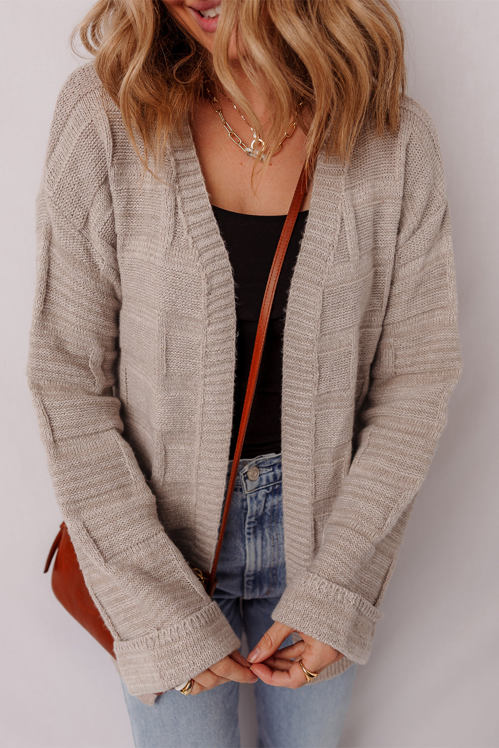 Textured Knit Open Front Chic Cardigan with Pockets