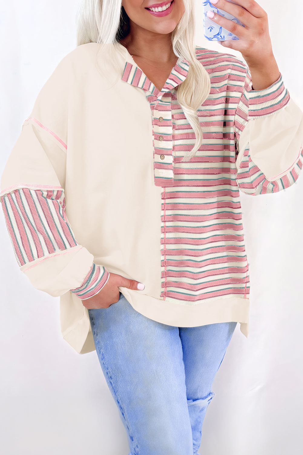 Stripe Stitched Detail Color Block Patchwork Oversized Pullover Top