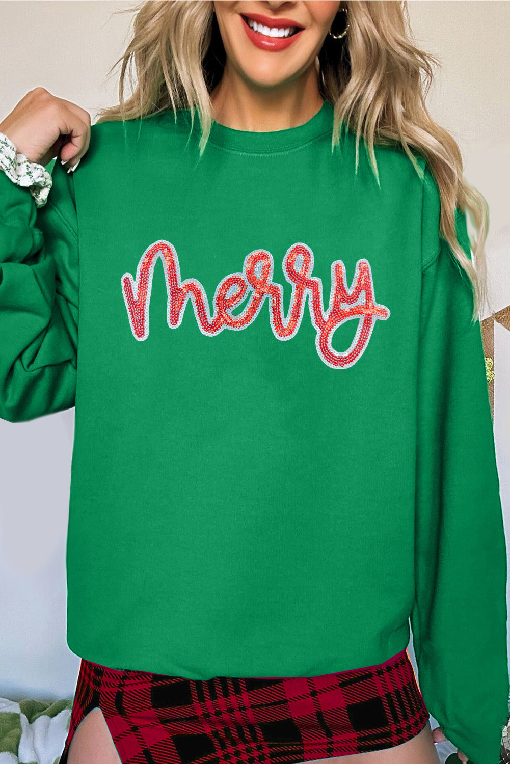 Merry Sequin Letter Patched Drop Shoulder Baggy Sweatshirt