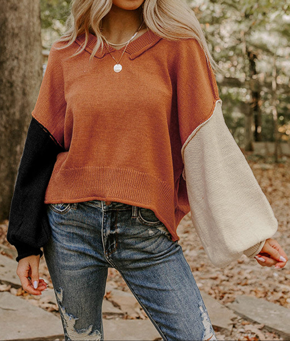 Colorblock Raw Edge Bubble Sleeve V Neck Sweater