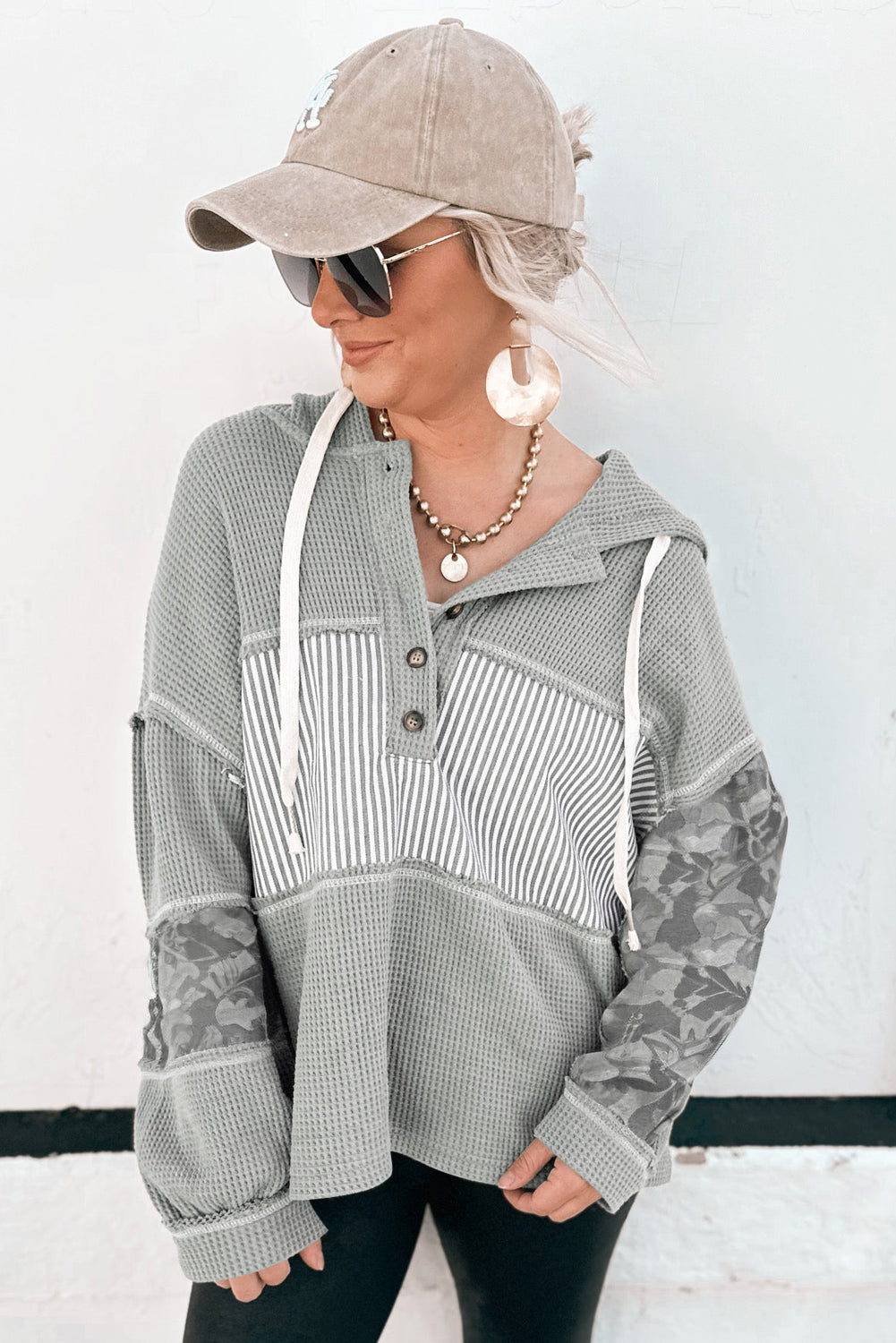 Waffle Printed Patchwork Drawstring Hooded Long Sleeve Top