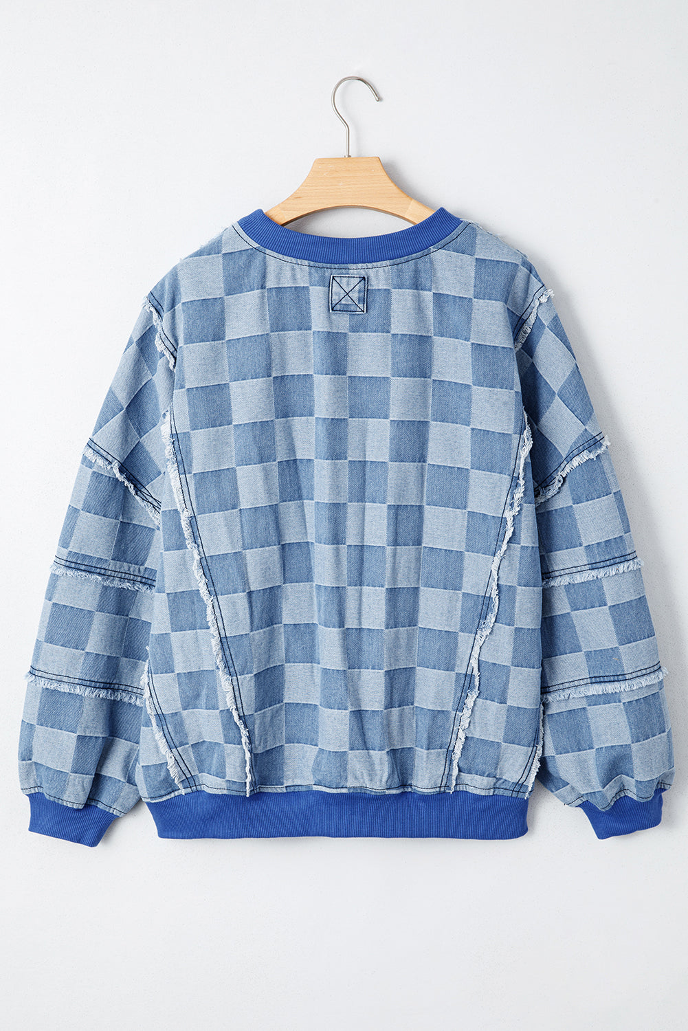 Checkerboard Splicing Raw Detail Oversized Denim Pullover