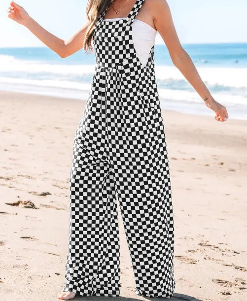 Black Checkered Print Pocketed Wide Leg Jumpsuit
