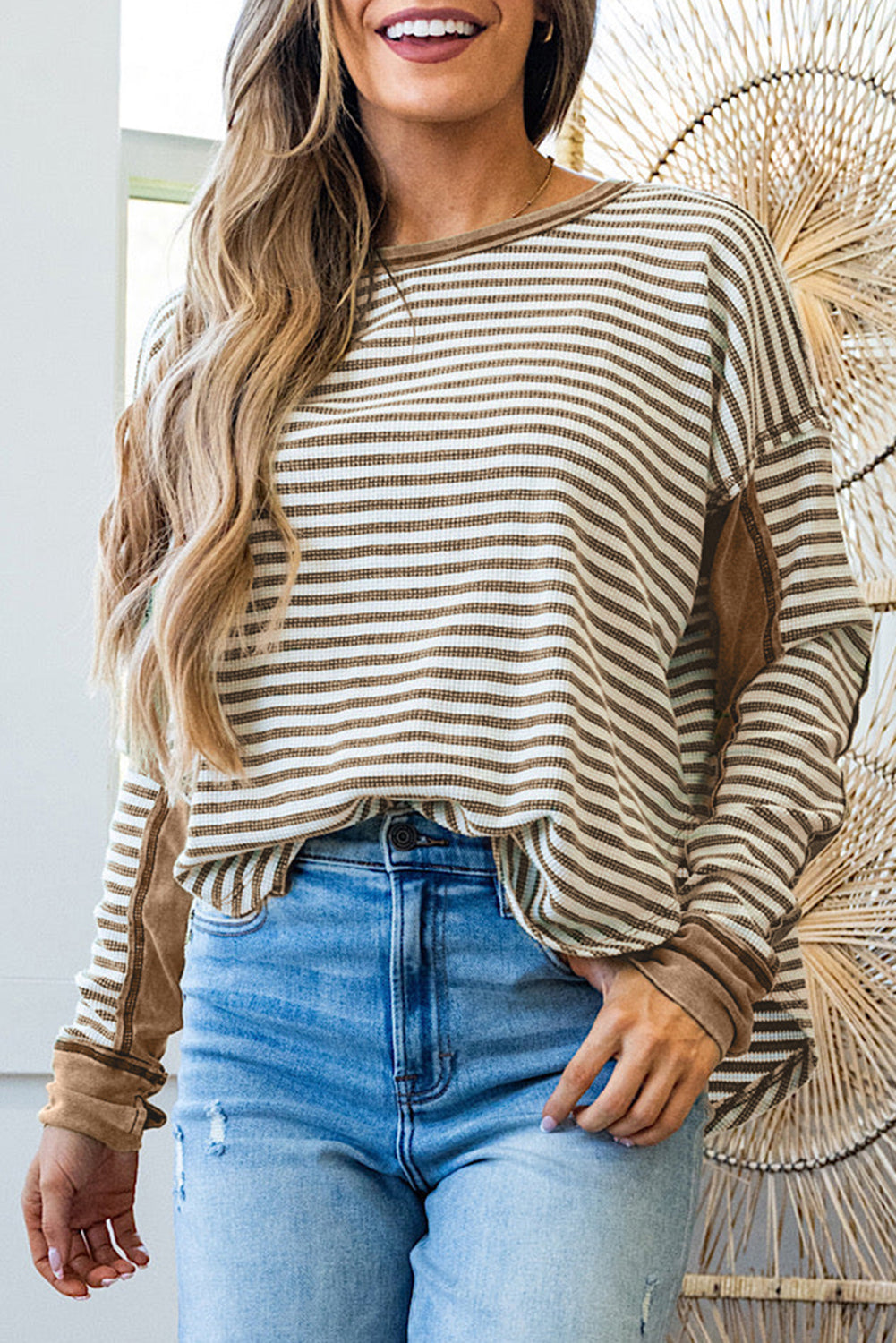 Stripe Thermal Knit Drop Shoulder Casual Top
