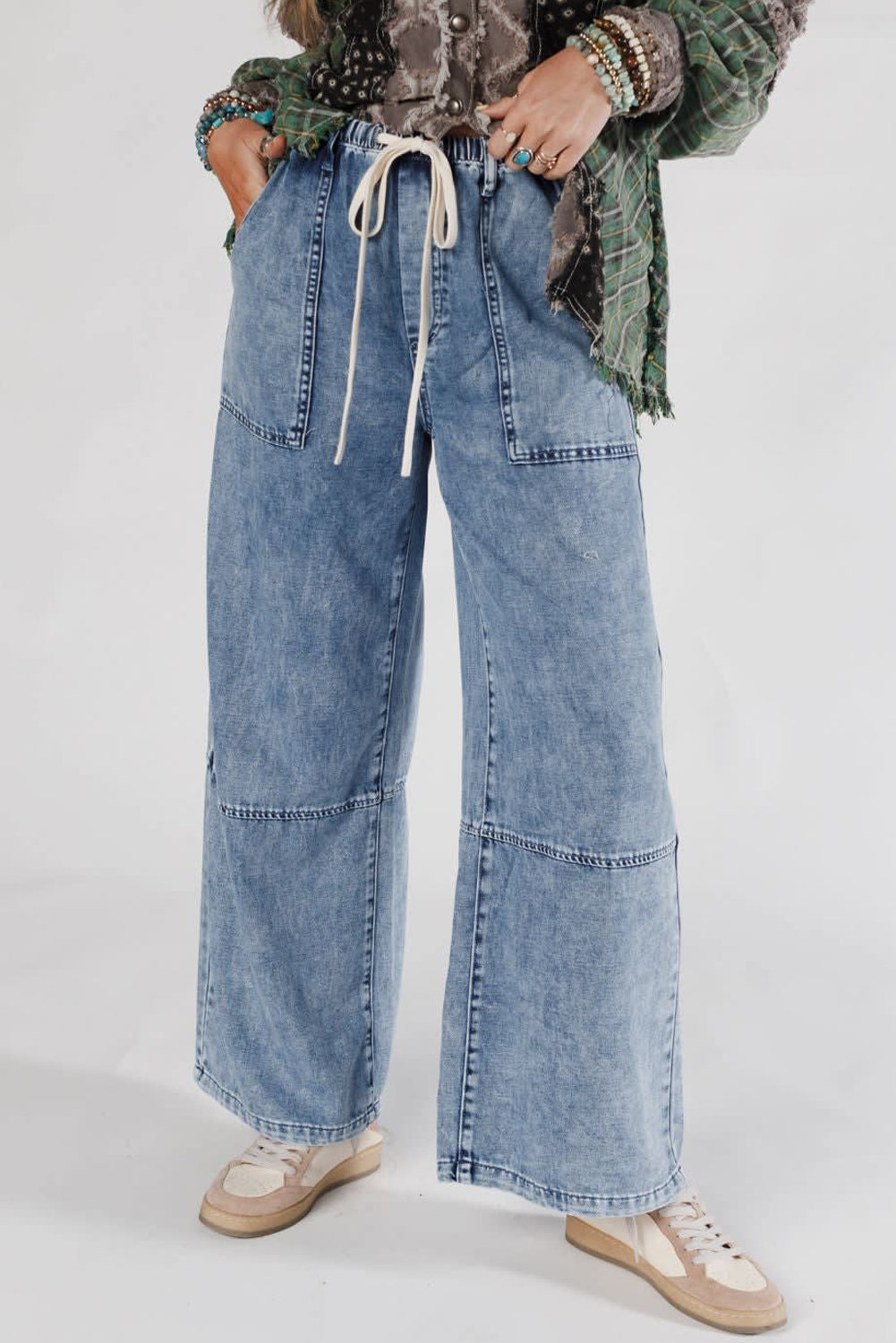 Acid Wash Exposed Seam Drawstring High Waist Jeans