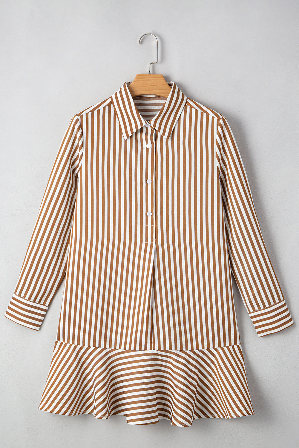 Ruffled Hem Collared Long Sleeve Shirt Mini Dress