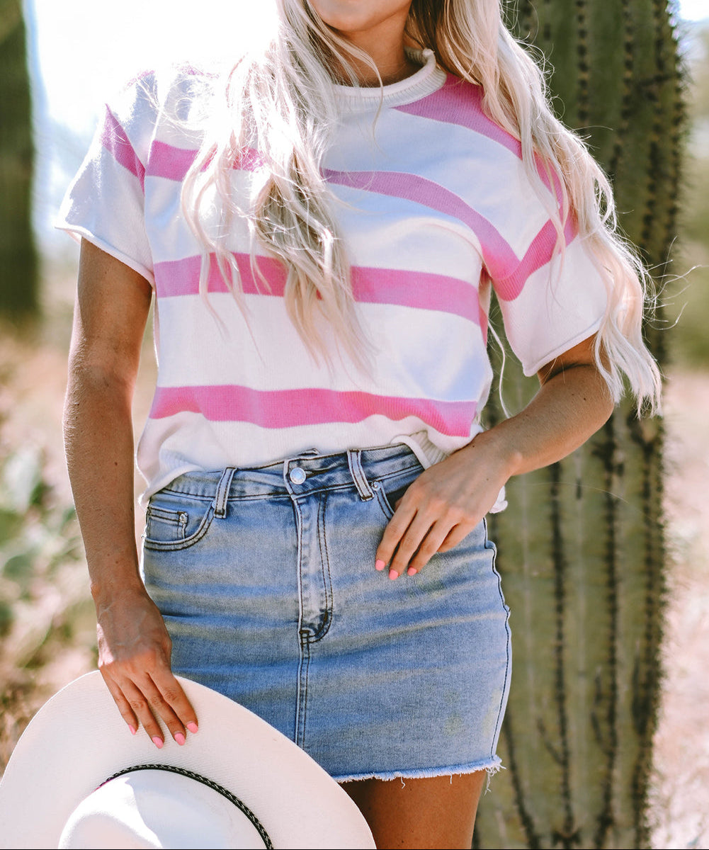 Stripe Dropped Short Sleeve Lightweight Knitted Top