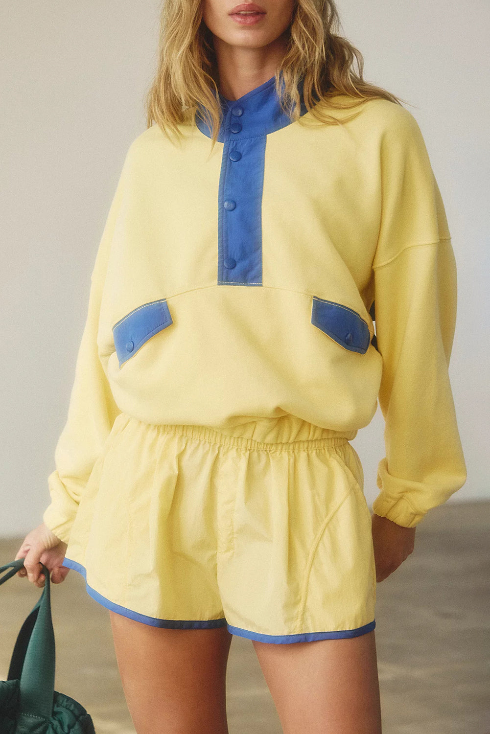 Color Block Patchwork Half Button Pullover and Shorts 2pcs Outfit