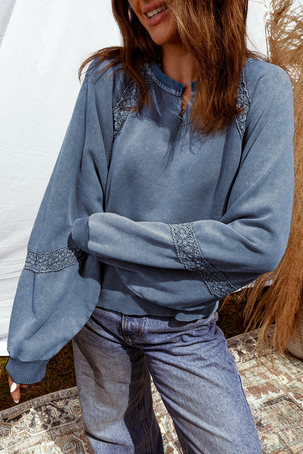 Notched Neck Mineral Wash Baggy Sweatshirt