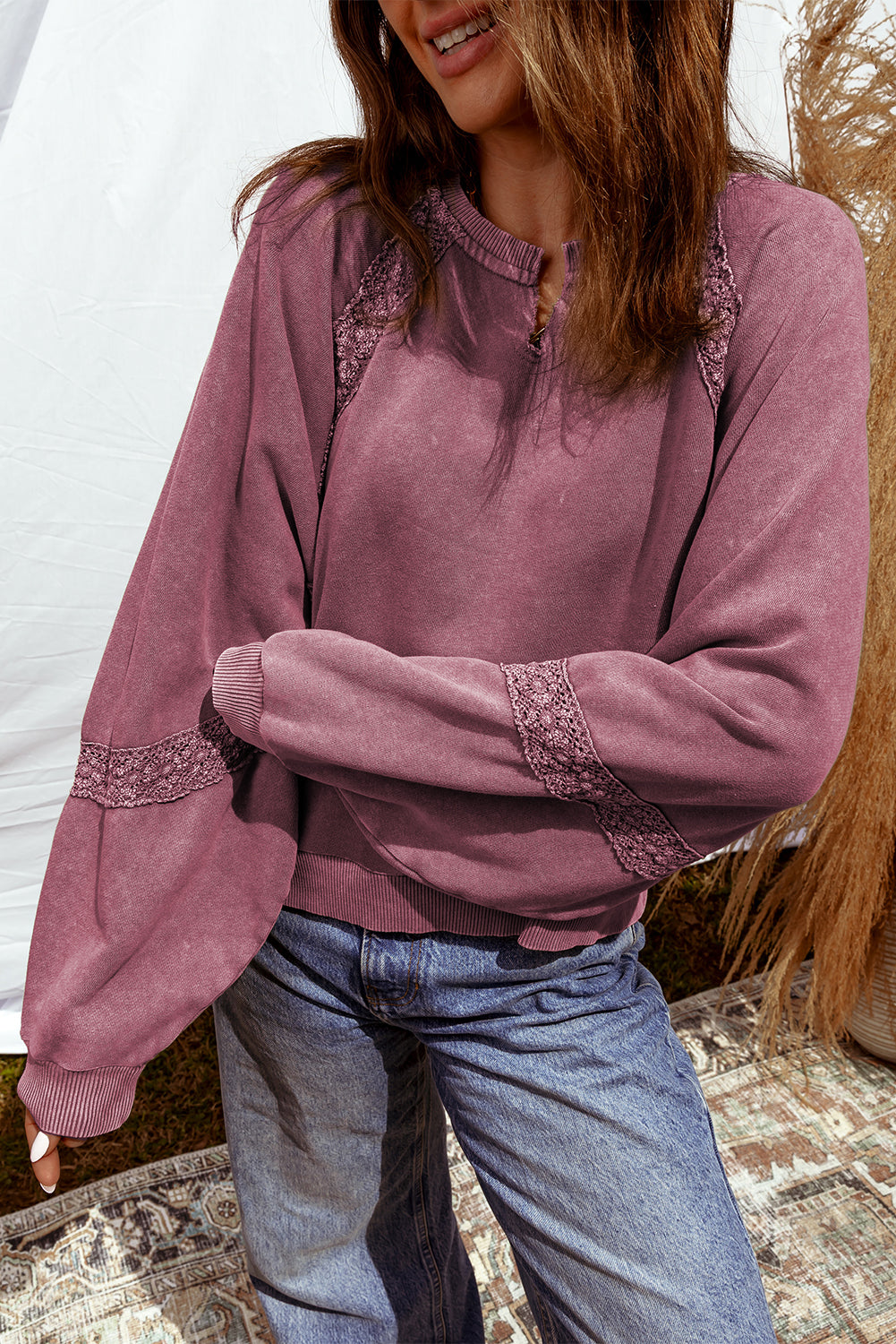 Notched Neck Mineral Wash Baggy Sweatshirt