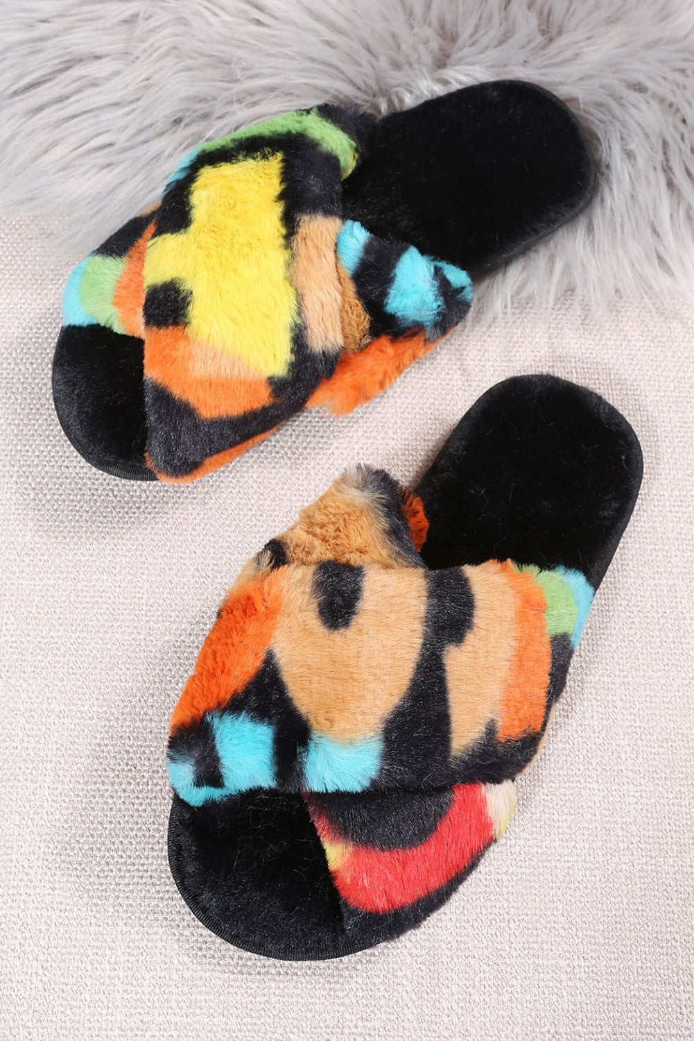 Plush Color Block Cross Strap Home Slippers