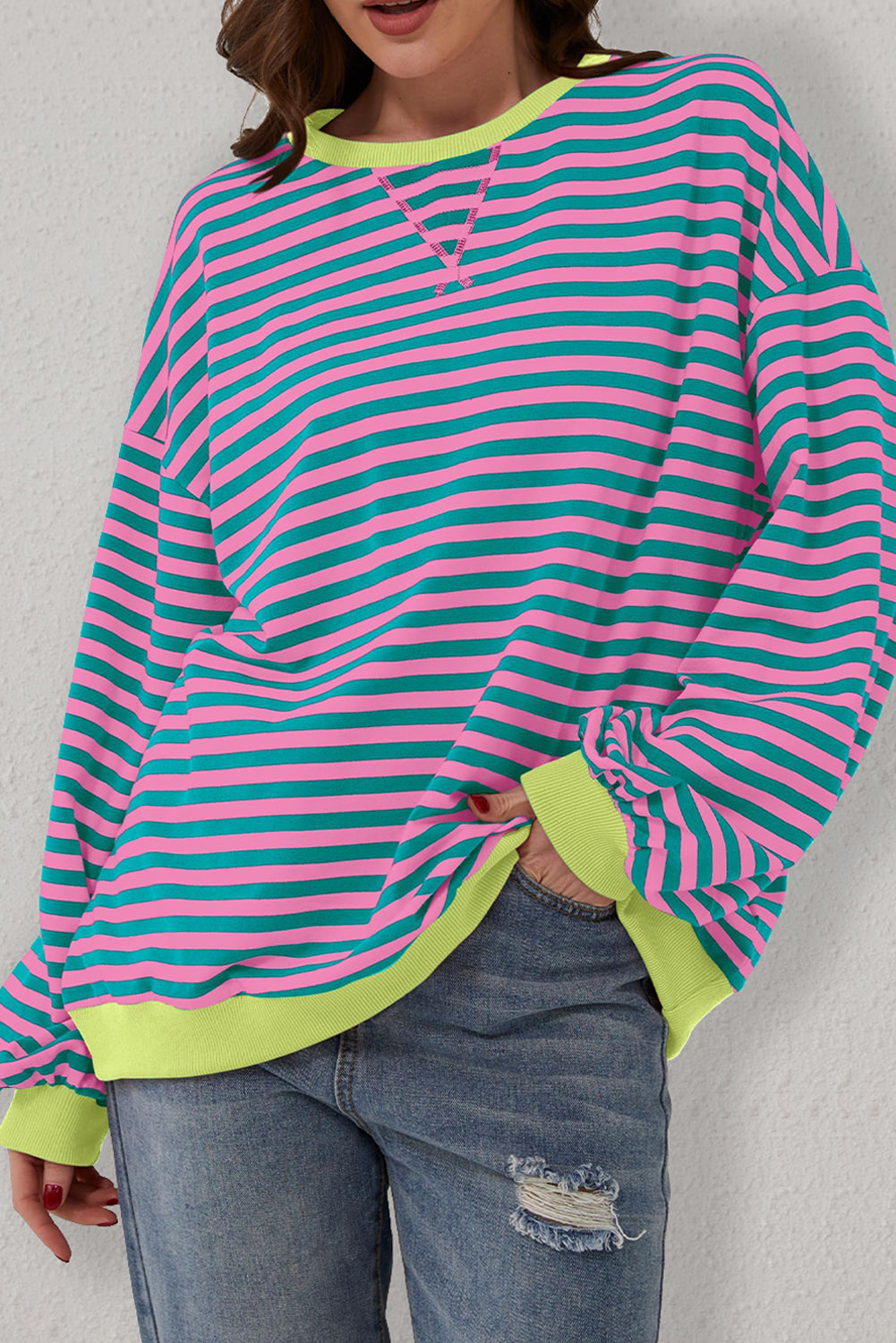 Oversized Contrast Trim Pullover Sweatshirt