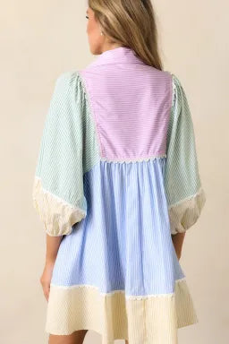 Striped Patchwork Ric Rac Puff Sleeve Collared Mini Dress