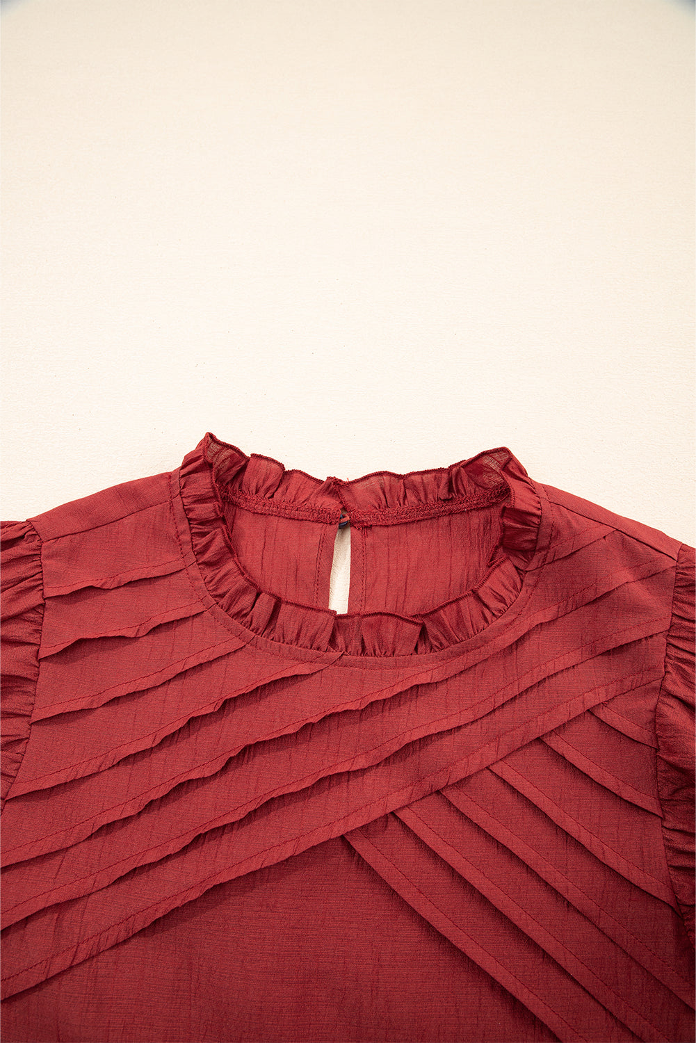 Solid Color Pleated Detail Ruffle Short Sleeve Blouse