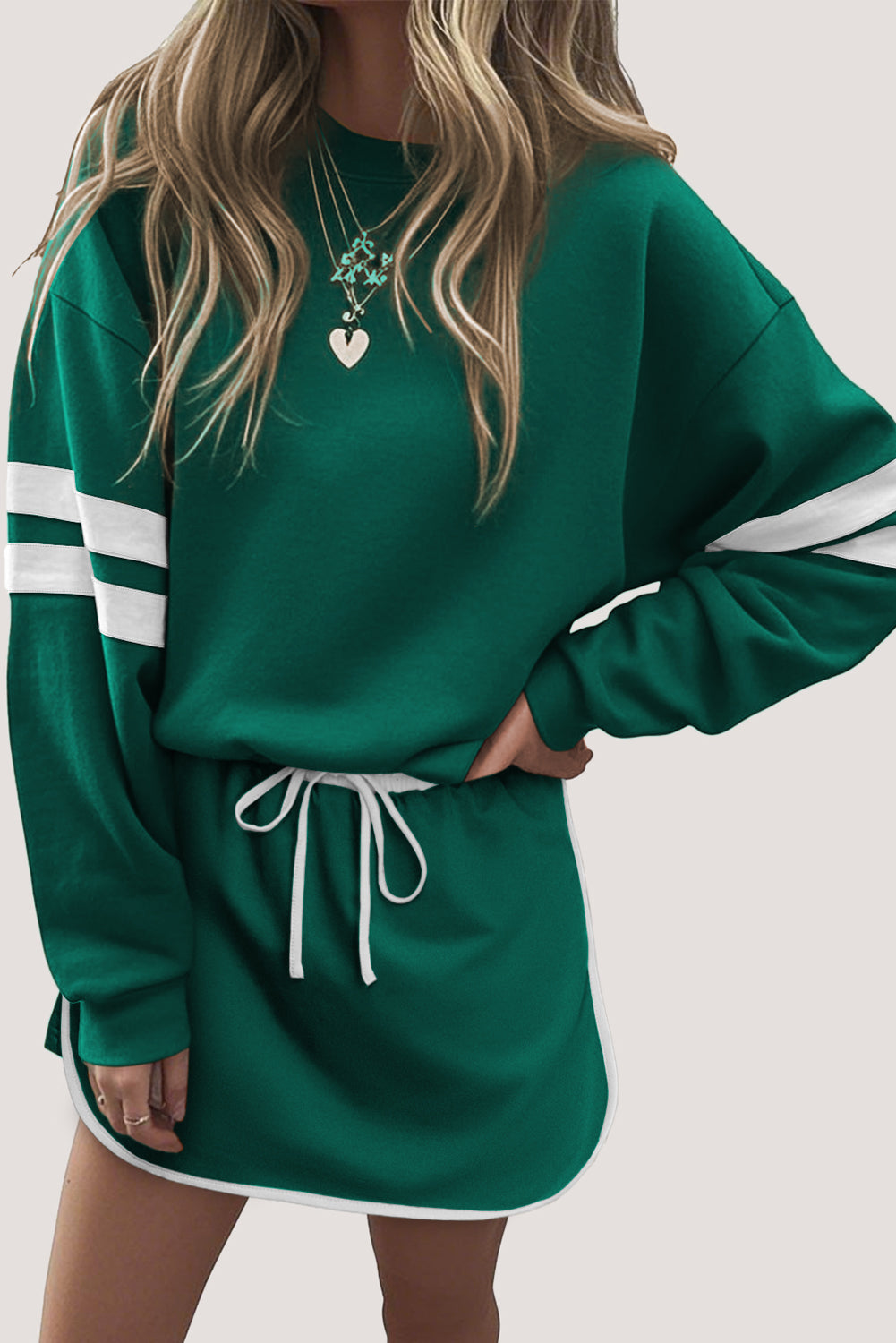 Varsity Stripe Detail Drop Shoulder Pullover Mini Skirt Set