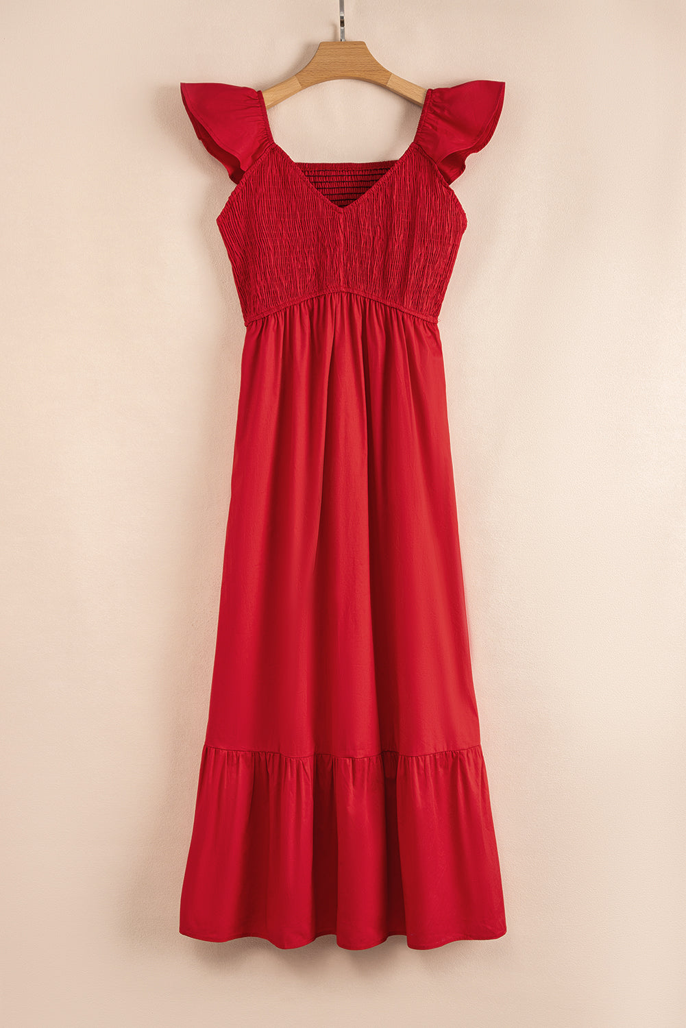 V Neck Flutter Sleeve Smocked Bodice High Waist Ruffle Maxi Dress