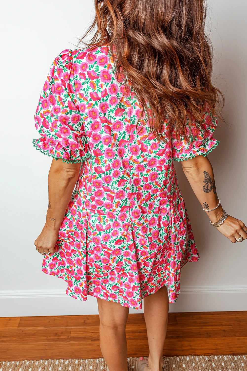 Patchwork Short Bubble Sleeve Mini Dress