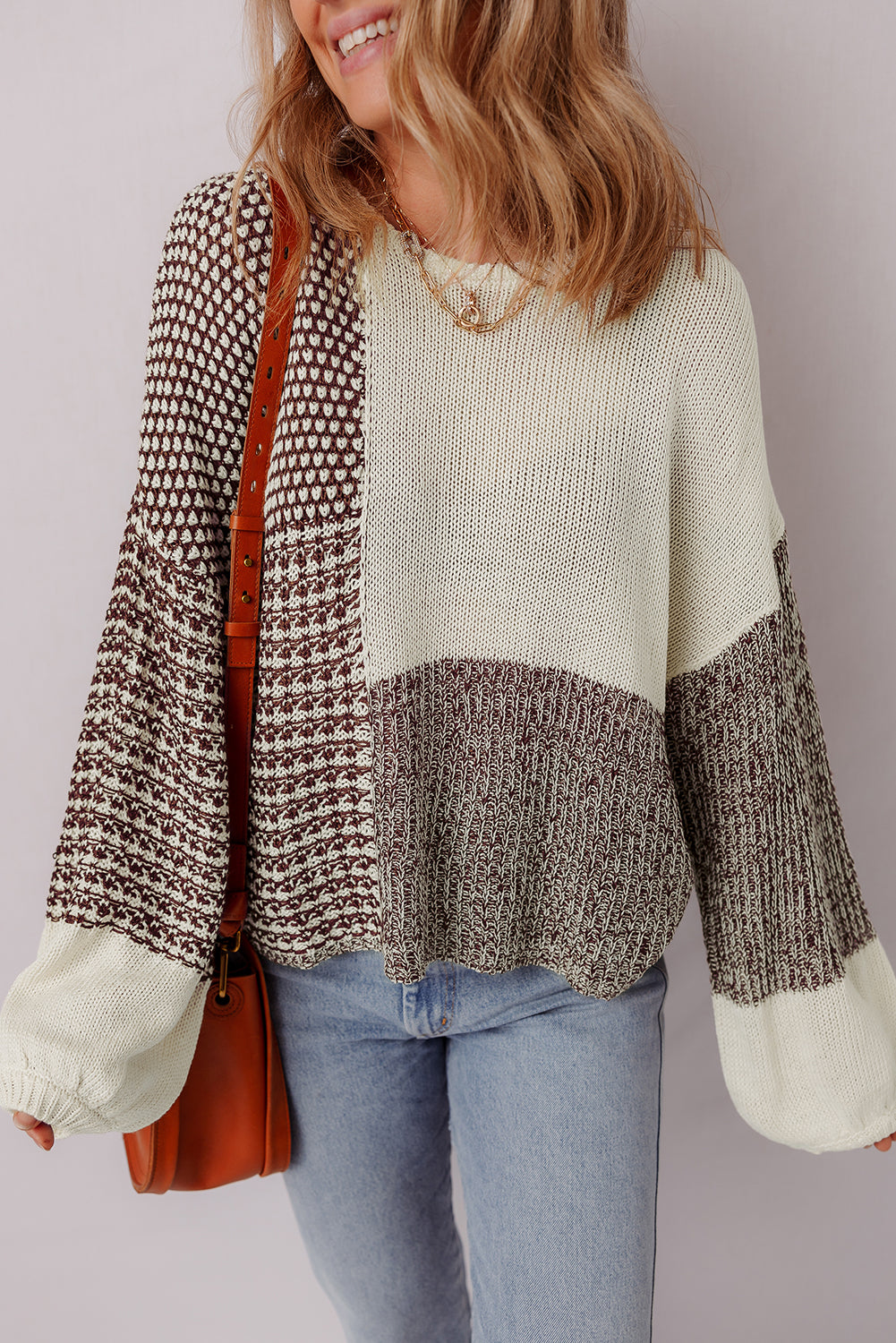 Block Back Tie Drop Shoulder Loose Sweater