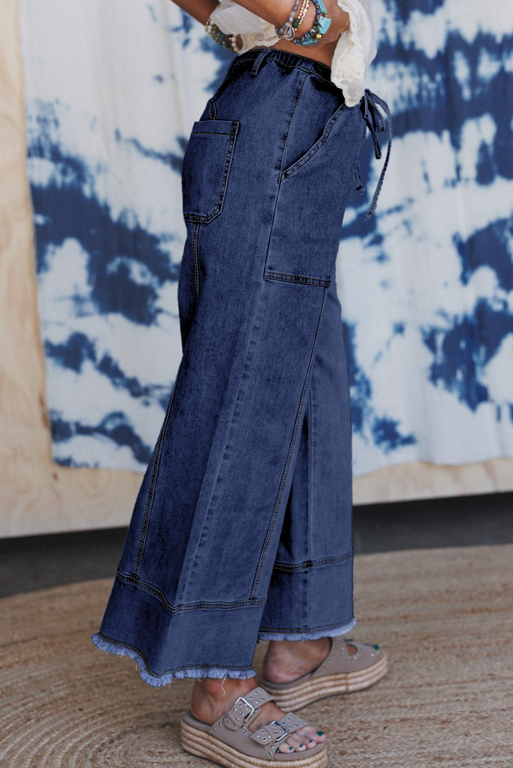 Drawstring Seam Detail Raw Hem Wide Leg Denim Pants