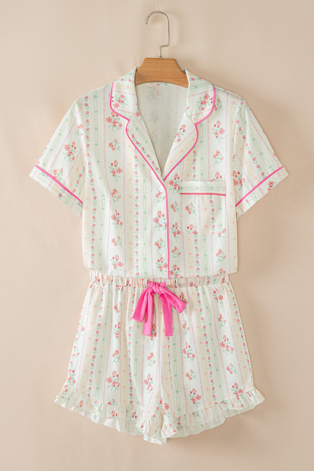 Floral Print Contrast Pipping Short Pajamas Set