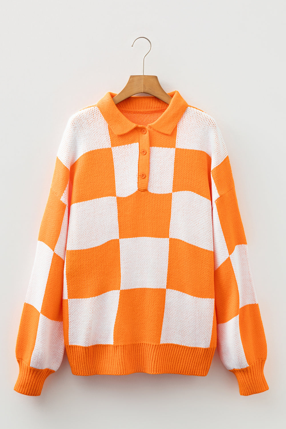 Checkered Pattern Polo Collar Loose Sweater