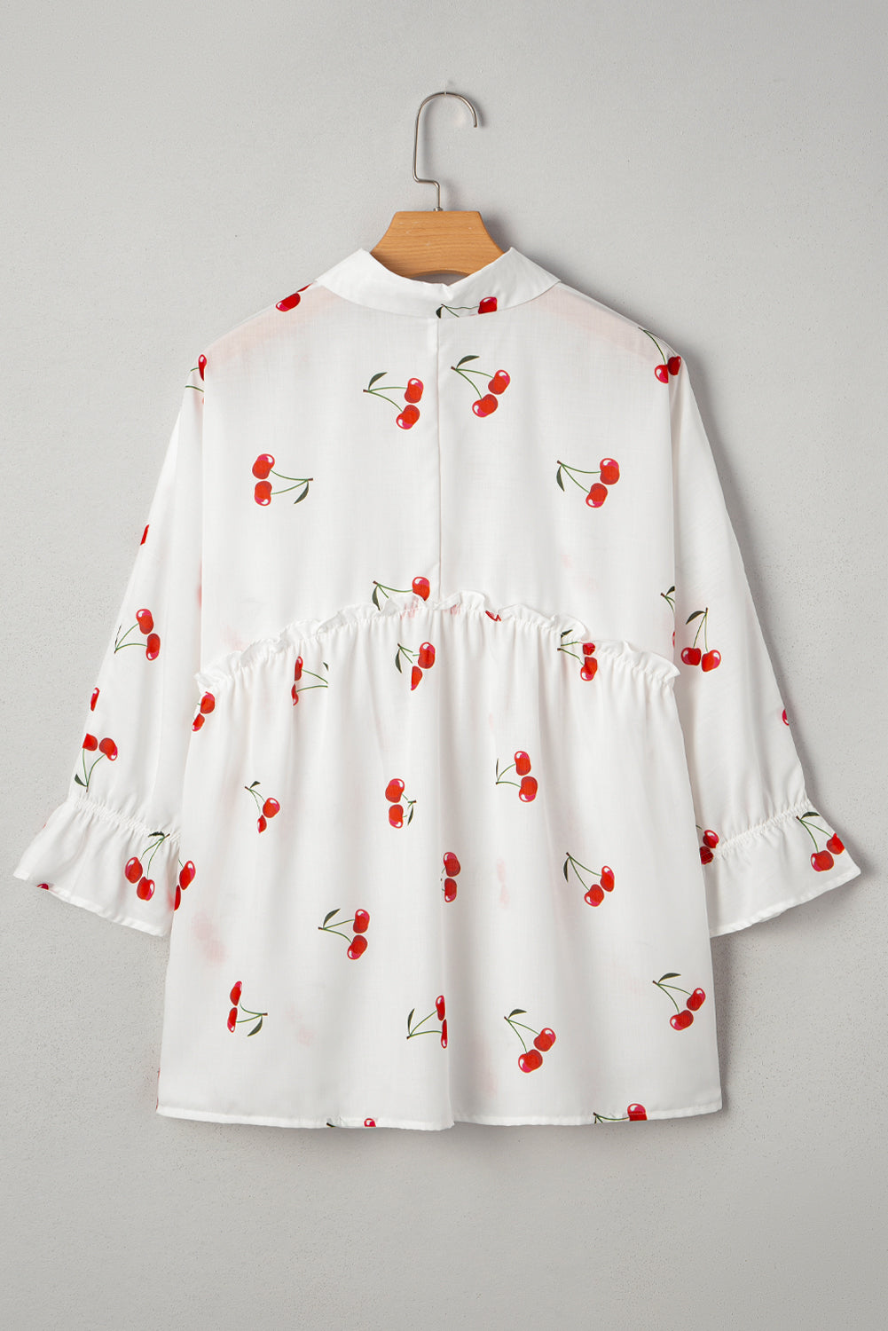 Cherry Print Flounce Sleeve Collared Frilled Babydoll Blouse
